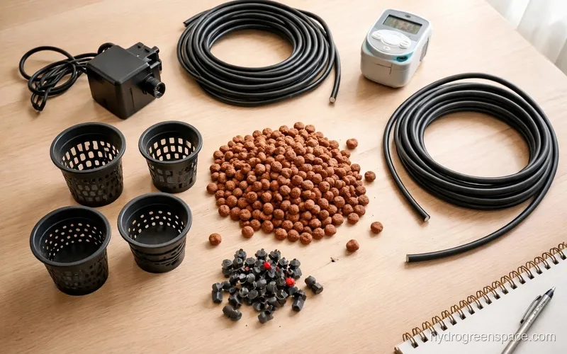 Flat lay of drip system components including pump, spaghetti tubing, drip emitters, net pots, and clay pebbles spread out on a wood table