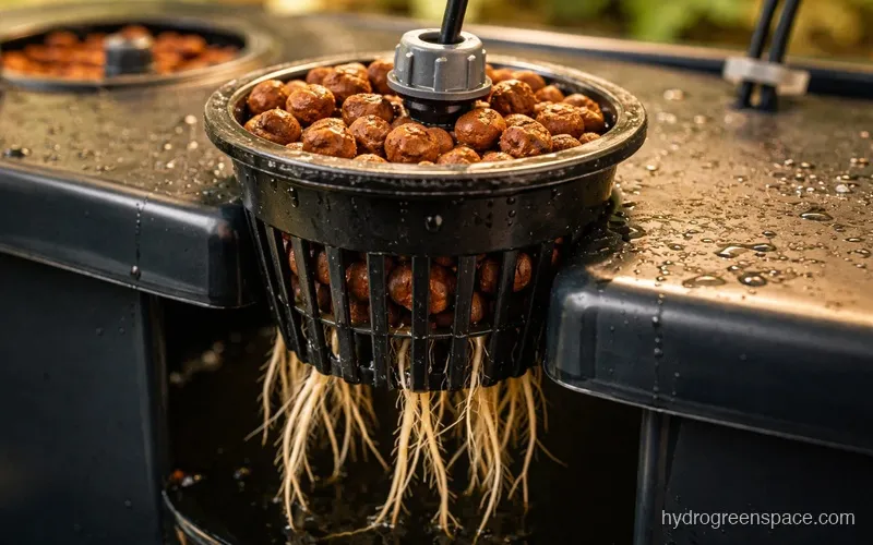Close-up of a drip emitter positioned above clay pebbles in a net pot with healthy plant roots visible below, shallow focus on reservoir in background