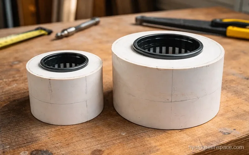 4-inch and 6-inch PVC pipe sections with net cups inserted showing the size difference