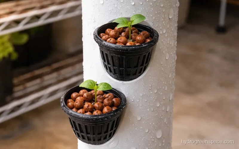 Net cups filled with clay pebbles in a PVC hydroponic tower with white roots visible below