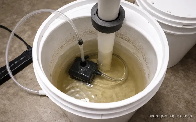 Top-down view of bucket reservoir with submersible pump, clear tubing, and foam collar