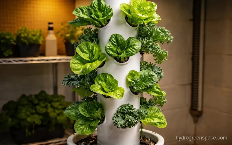 Harvest-ready lettuce, spinach, and kale growing in a vertical PVC hydroponic tower