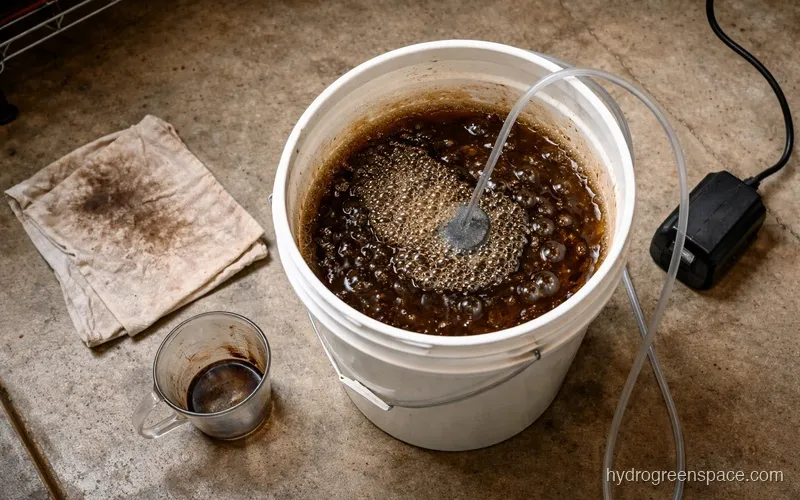 Overhead view of a 5-gallon bucket with an airstone bubbling through dark compost tea, surrounded by cheesecloth and a measuring cup