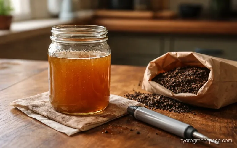 Glass jar of amber-colored worm casting tea next to a bag of dark worm castings with an EC meter resting alongside