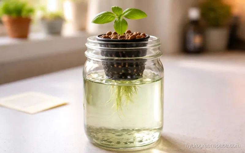 Mason jar Kratky setup with net pot, clay pebbles, and herb seedling showing the water level line