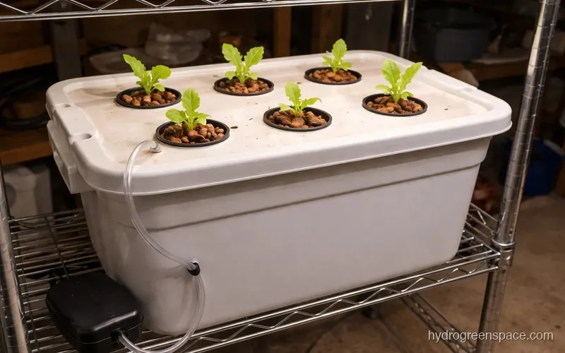 White Rubbermaid tote with 6 net pot holes in lid, air pump tubing on the side, lettuce seedlings growing