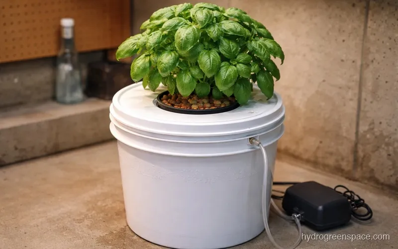 White 5-gallon bucket with 6-inch net pot in lid, air tubing on the side, large bushy basil plant growing from top