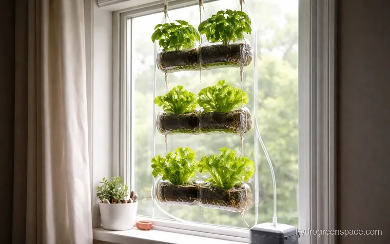 Assembled two-liter bottle window farm hanging in a window frame with visible tubing and leafy plants growing from each bottle opening
