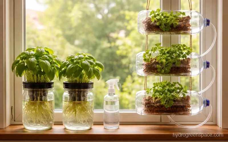 Side-by-side comparison of a Kratky mason jar setup on a windowsill next to a hanging bottle window farm installed in the same window