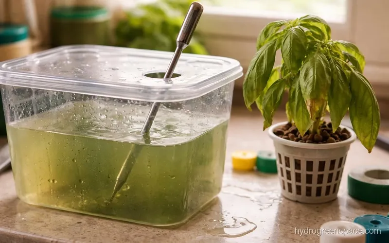 Thermometer in a clear reservoir showing water temperature above 75°F with wilted plant nearby