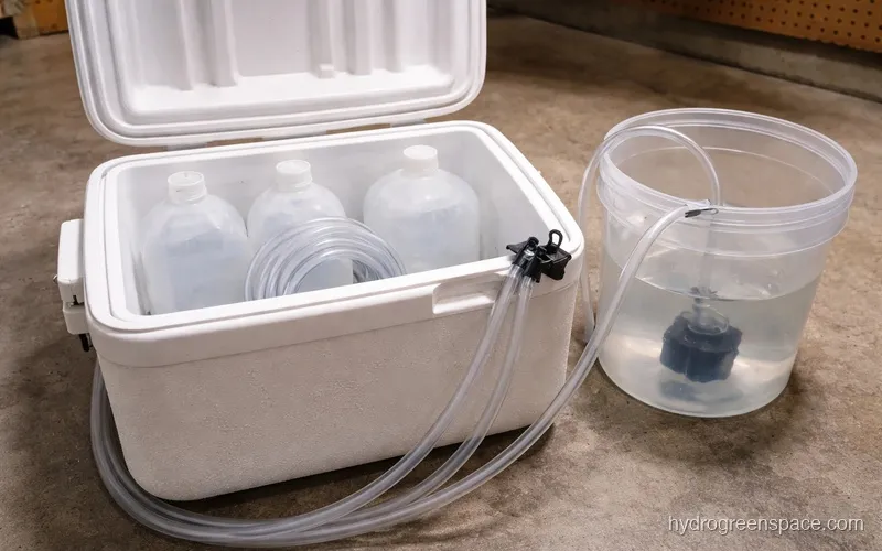 Coiled vinyl tubing inside a cooler surrounded by frozen water jugs, with tubing running to a small reservoir