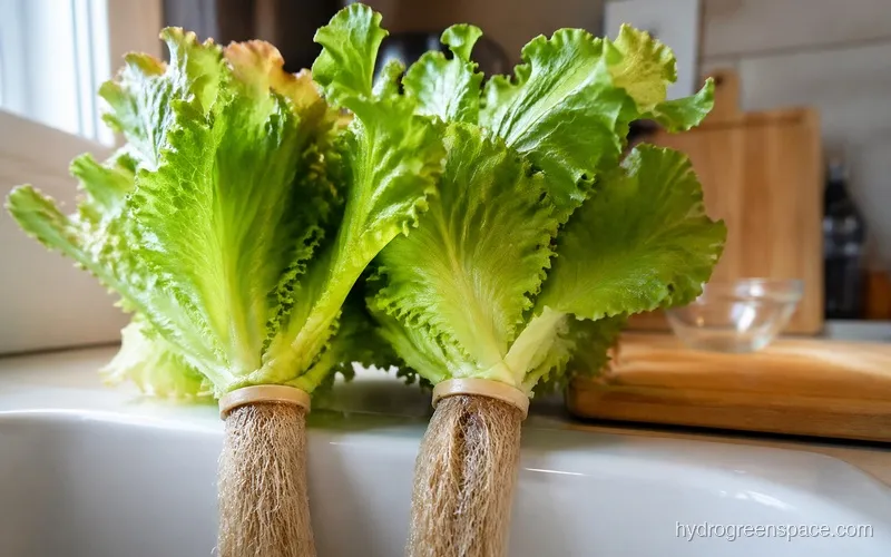 Freshly harvested hydroponic lettuce heads with roots still attached, sitting next to a kitchen sink