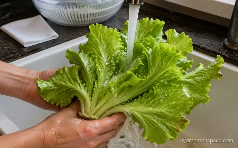 Hands rinsing lettuce leaves under a kitchen faucet with water running over them