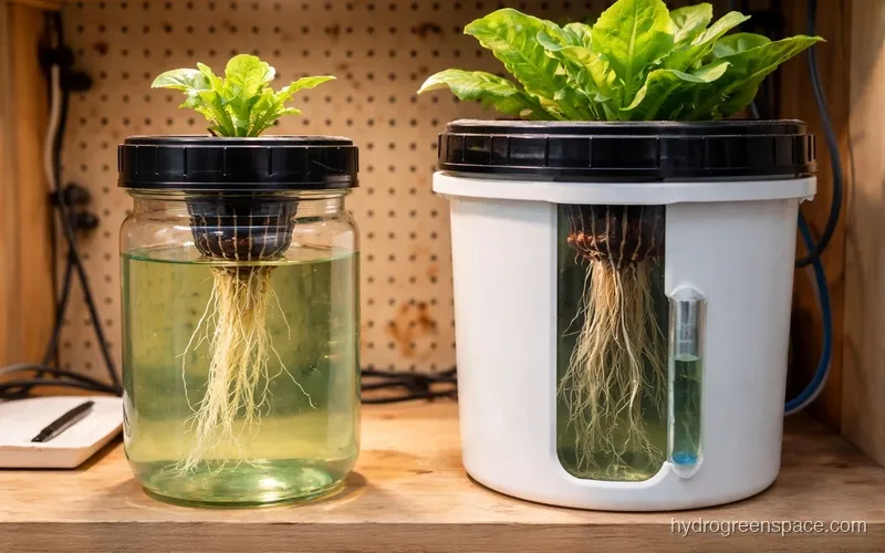 A Kratky mason jar and DWC bucket side by side, both growing butterhead lettuce, with roots visible in clear water