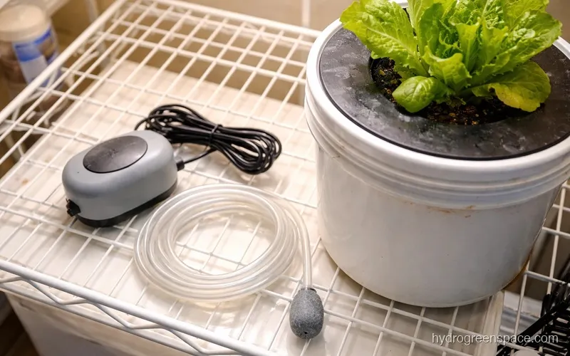 A small gray air pump, clear airline tubing, and a cylindrical air stone laid next to a white DWC bucket with lettuce growing from the lid