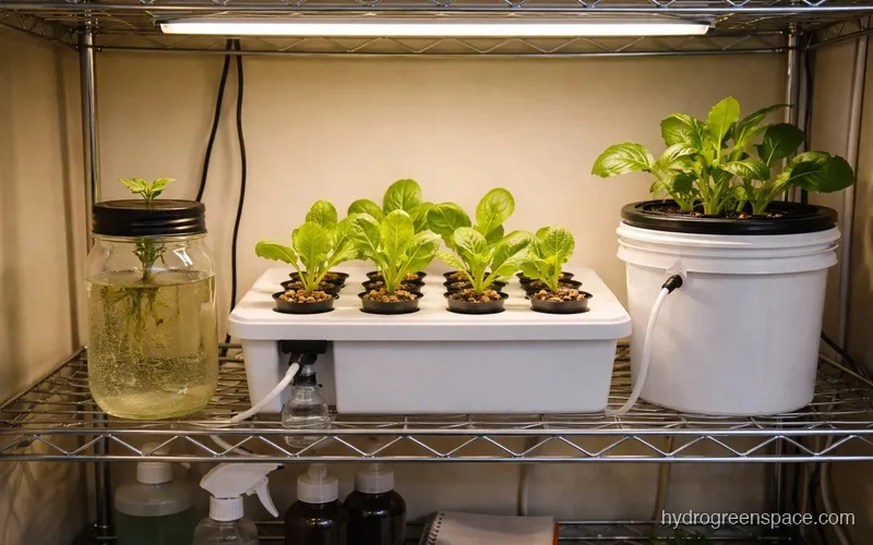 Three hydroponic systems on a metro rack shelf: a Kratky mason jar, a flood and drain tray, and a DWC bucket, each with plants growing