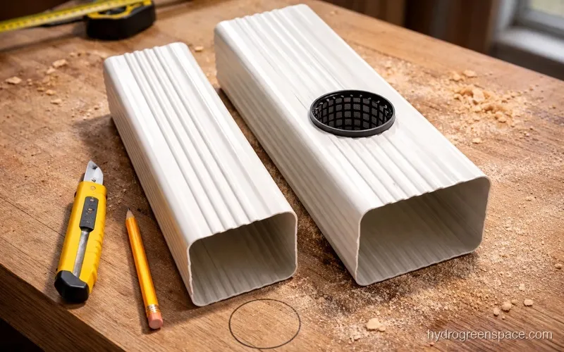 Two vinyl downspout sections side by side showing 2x3 and 3x4 sizes with a net cup resting in a hole cut in the top face