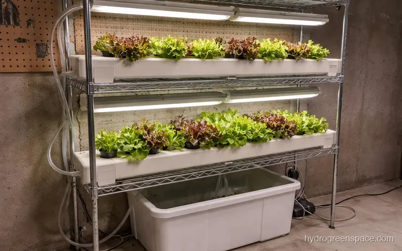 Two-tier stacked downspout hydroponic rack with four channels, showing reservoir below and tubing running to each channel inlet