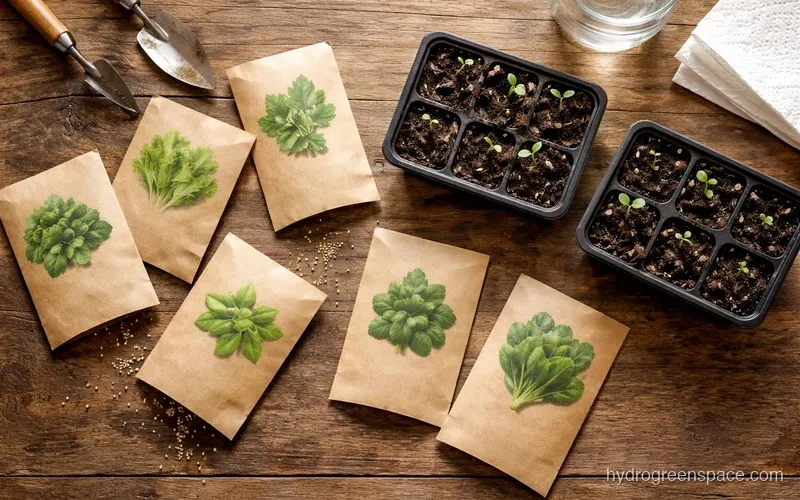 Assorted vegetable seed packets and seedling trays laid out on a wooden table