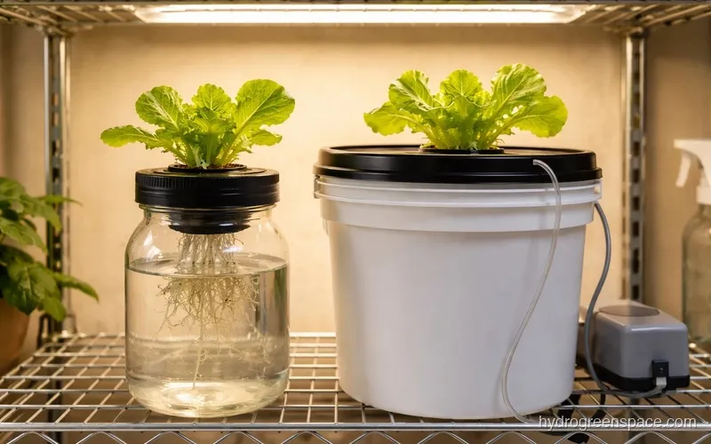 Kratky mason jar setup and 5-gallon DWC bucket side by side on a wire shelf under grow lights