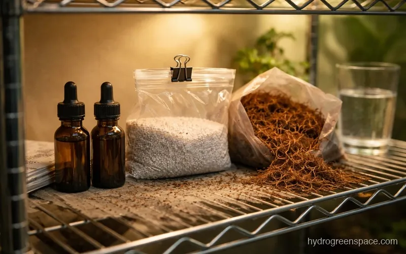 Small dark glass bottles of liquid hydroponic nutrients beside bags of perlite and coco coir on a shelf