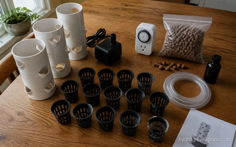
EXO hydroponic tower kit components spread out on a table before assembly, including net cups, pump, timer, grow media, and tower sections
