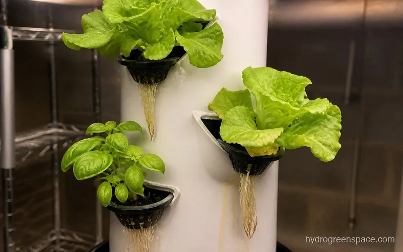 Lettuce and herbs growing in EXO tower net cups at week 3, roots visible hanging below the growing pockets