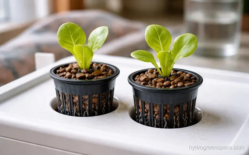 Lettuce seedlings in a DWC net pot with white roots visible below the basket
