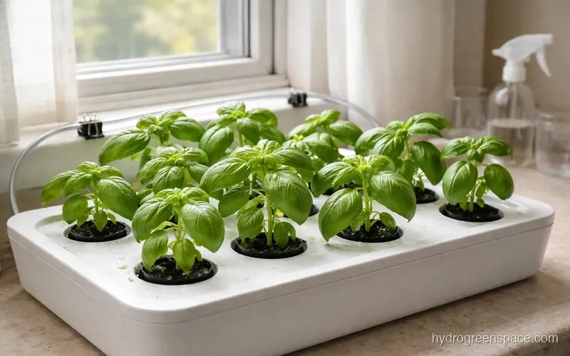Basil plants in a hydroponic system at 14 days showing multi-node growth and healthy green color