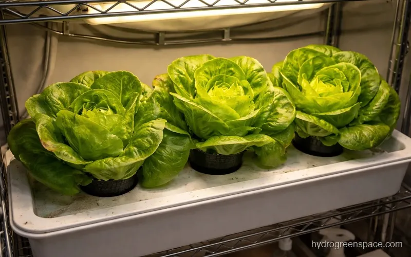 Butterhead lettuce heads in a hydroponic system ready for harvest at 30 days
