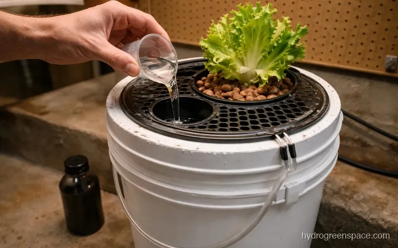 Hydroponic system reservoir being topped off with nutrient solution after a partial harvest