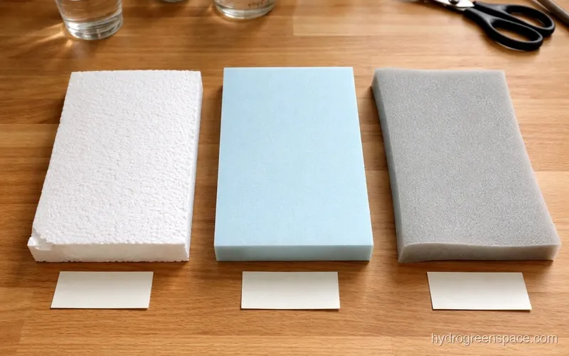 Three foam board types: white beaded EPS, smooth blue XPS, and flexible gray EPP shown side by side on a kitchen counter
