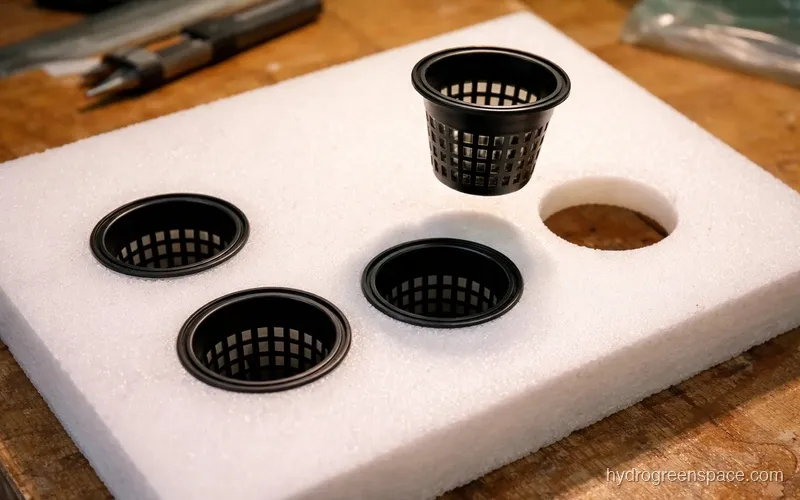Foam board on a workbench with four cleanly cut holes and three black mesh net cups seated flush, one hovering above the fourth hole