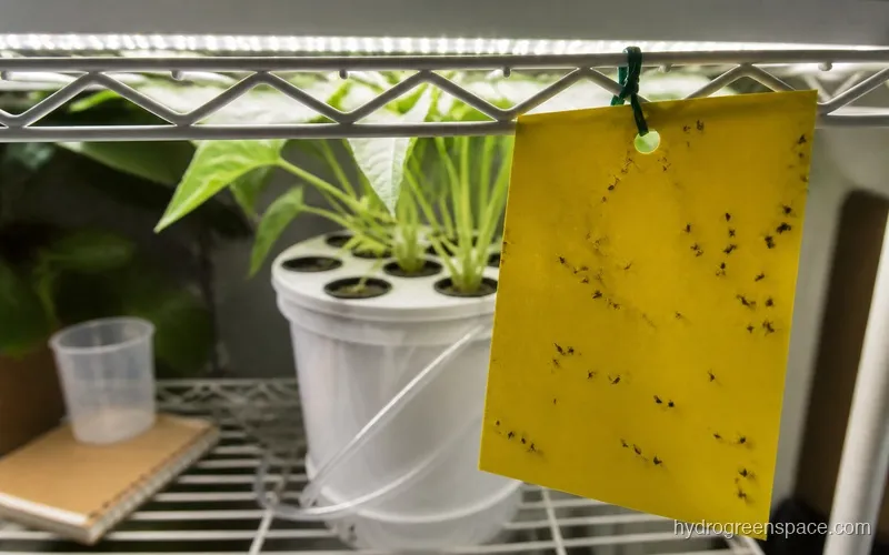 Close-up of fungus gnats on a yellow sticky trap hanging near a hydroponic system