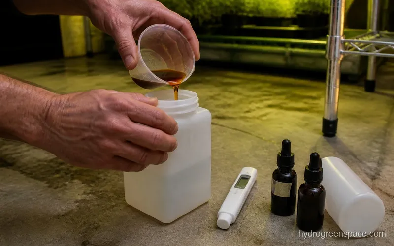 Adding nutrients to a hydroponic reservoir with pH meter and bottles nearby