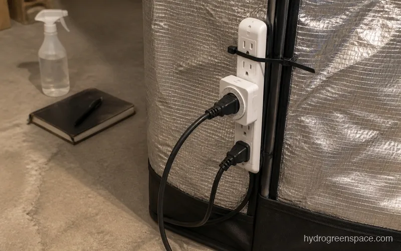 Digital timer plugged into a power strip with grow light cord, mounted on the outside of a grow tent near the controller panel