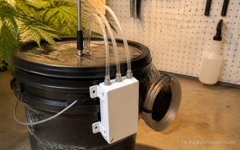 Growee controller unit mounted on the side of a DWC bucket with the pH probe submerged and three peristaltic dosing tubes entering the reservoir