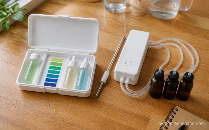 Side-by-side comparison of a manual pH testing kit with dropper bottles on the left and a Growee automated controller unit with probe and pump lines on the right