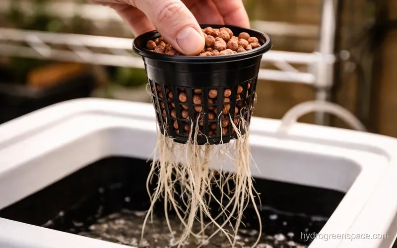 Close-up of roots growing through clay pebbles in a net pot, showing the gap between particles