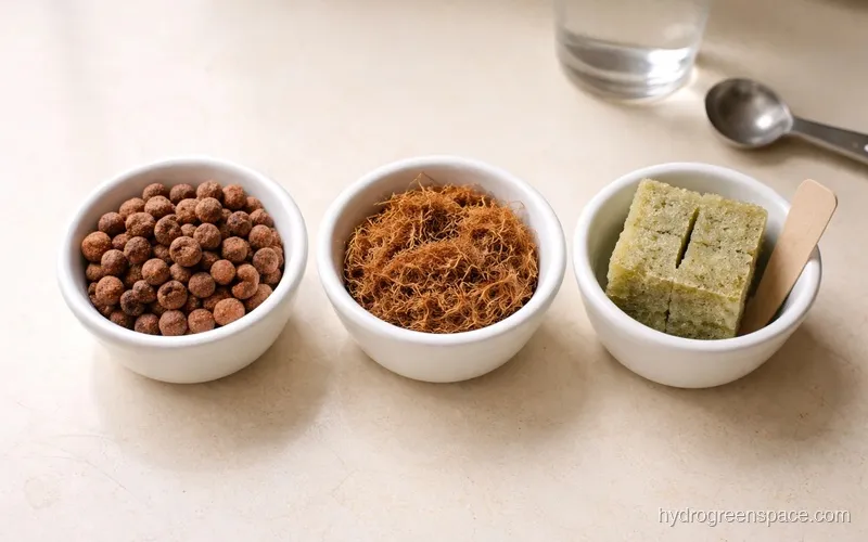 Side-by-side comparison of clay pebbles, coco coir, and rockwool in small containers