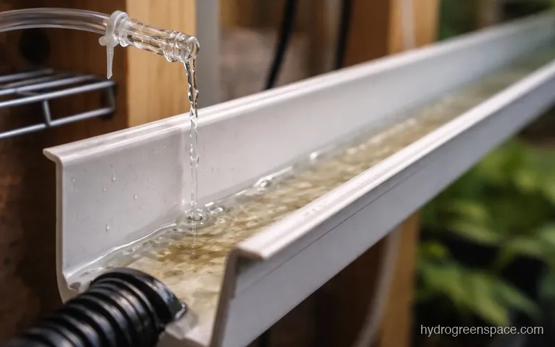 Vinyl rain gutter mounted at a slight angle with nutrient solution flowing from inlet to drain fitting