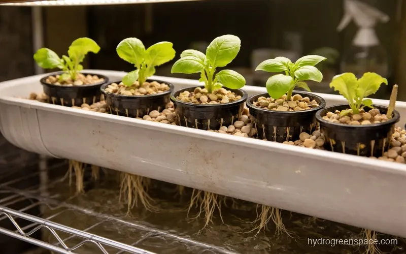 Net pots with lettuce and herb seedlings growing in an open vinyl gutter channel, roots visible below the cups