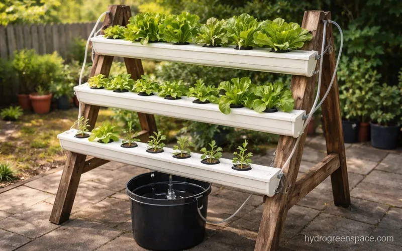 DIY gutter hydroponic system on a wooden frame outdoors with multiple channels at different growth stages