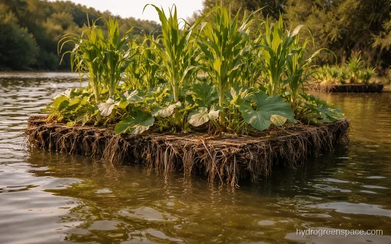 Aztec chinampa floating gardens with crops growing over water