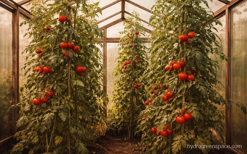 Historical depiction of William Gericke beside tall hydroponically grown tomato vines