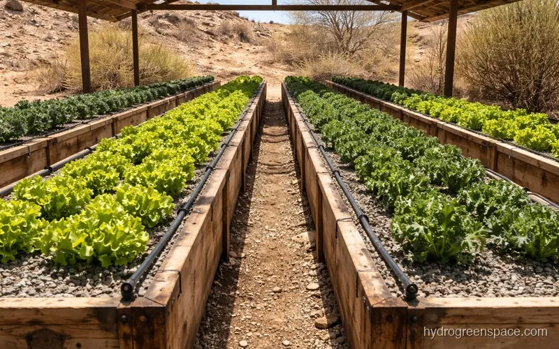 WWII-era military hydroponic troughs growing vegetables on a Pacific island
