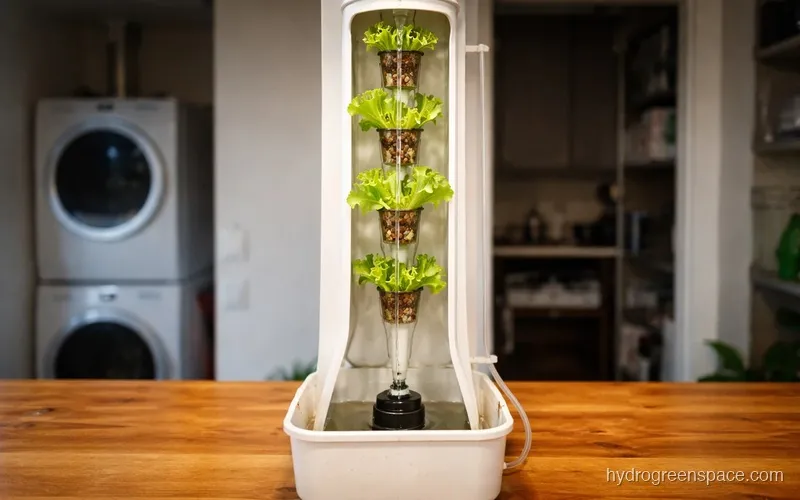Cross-section diagram showing a hydroponic tower with pump at base, central feed tube going up, and water trickling down past net pots into reservoir