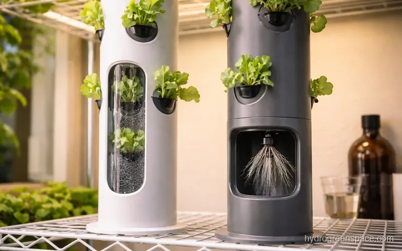 Side-by-side view of NFT-style tower column with trickle film versus aeroponic tower column showing misting nozzles and aerial roots