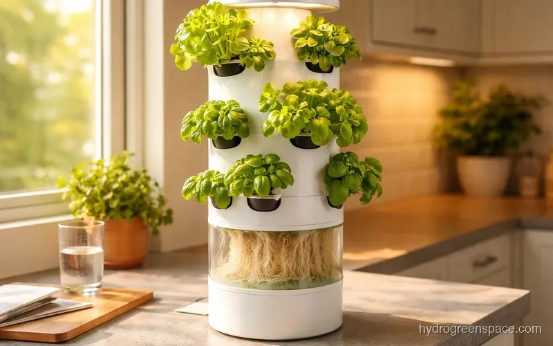 Hydroponic tower in a home kitchen or small indoor space with lettuce and herbs growing in net pots, roots visible through a clear section of the column