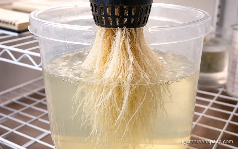 Close-up of white healthy plant roots suspended in nutrient solution inside a clear container
